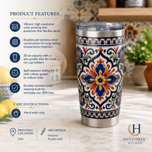 Vaso térmico de acero inoxidable con diseño de azulejos mediterráneos / 591 ml (20 oz) imagen 4