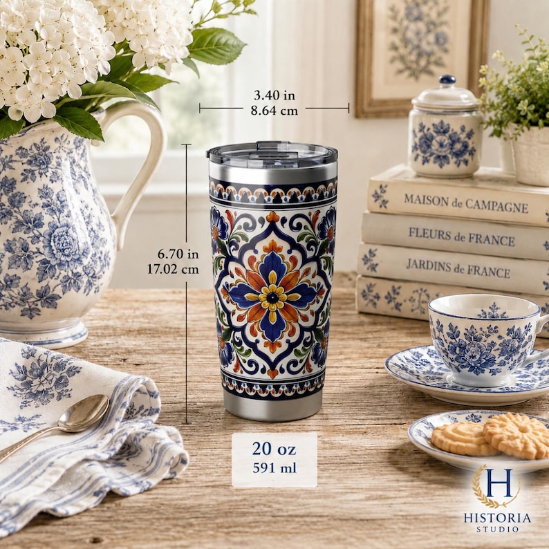 Vaso térmico de acero inoxidable con diseño de azulejos mediterráneos / 591 ml (20 oz) imagen 5