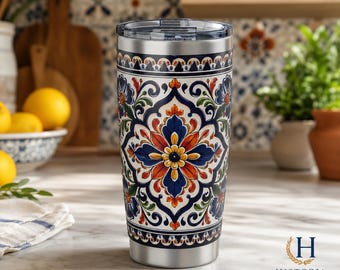 Mediterrane Fliesenmuster Becher | 20 Unzen isolierter Edelstahl