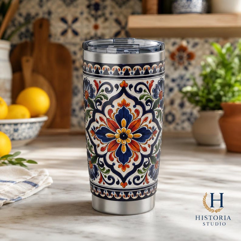 Vaso térmico de acero inoxidable con diseño de azulejos mediterráneos / 591 ml (20 oz) imagen 1