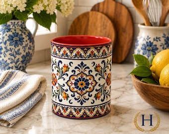 Mediterranean Floral Tile Coffee Mug | Blue Accent Ceramic Mug