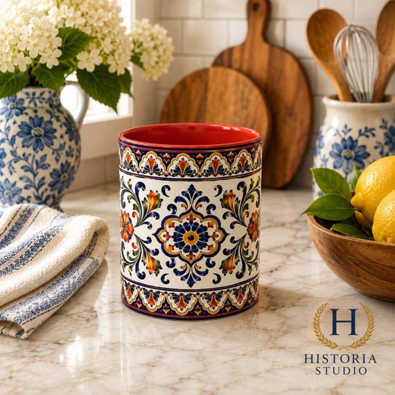Mediterranean Floral Tile Coffee Mug | Blue Accent Ceramic Mug