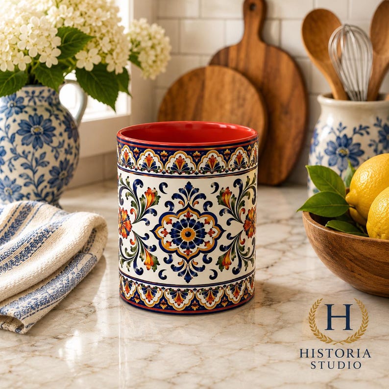 Mediterranean Floral Tile Coffee Mug | Blue Accent Ceramic Mug Red