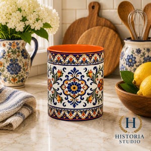 Mediterranean Floral Tile Coffee Mug | Blue Accent Ceramic Mug Orange