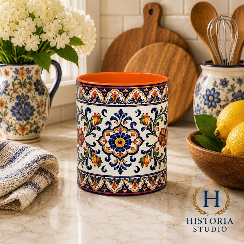 Mediterranean Floral Tile Coffee Mug | Blue Accent Ceramic Mug Orange