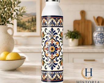 Botella delgada de acero inoxidable con aislamiento térmico y estampado de azulejos mediterráneos de 20 oz.