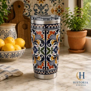 Vaso térmico de acero inoxidable con diseño de azulejos mediterráneos / 591 ml (20 oz) imagen 3