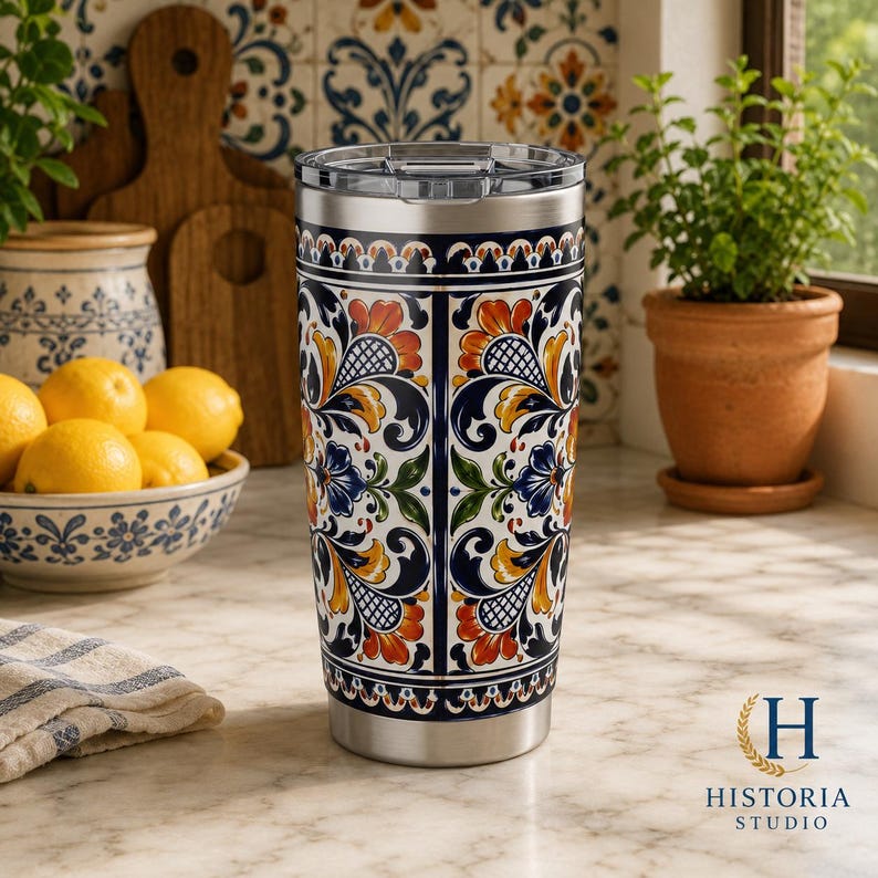 Vaso térmico de acero inoxidable con diseño de azulejos mediterráneos / 591 ml (20 oz) imagen 3
