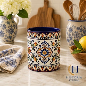 Mediterranean Floral Tile Coffee Mug | Blue Accent Ceramic Mug Navy