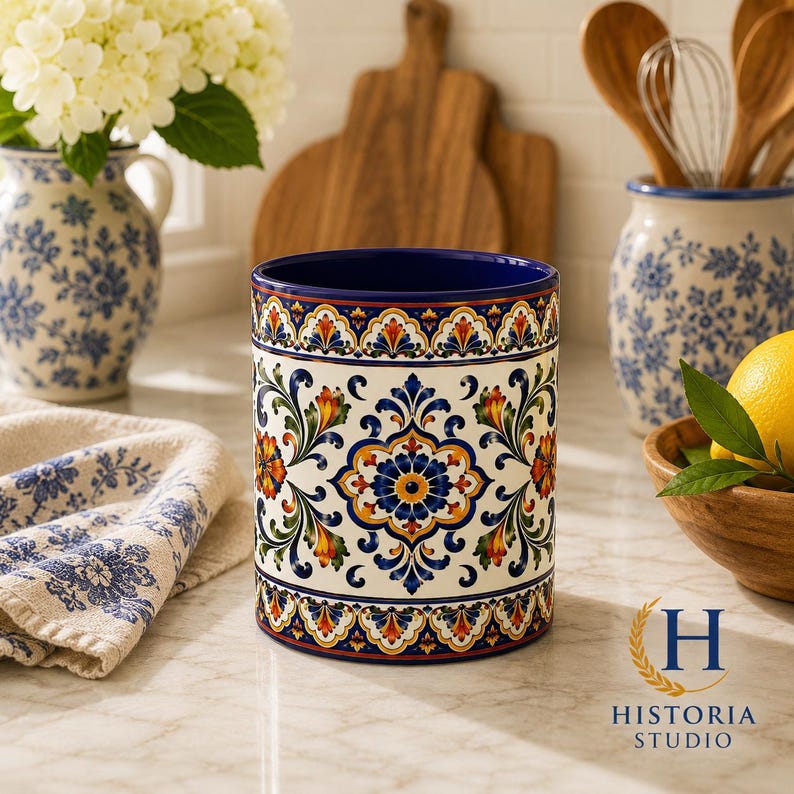 Mediterranean Floral Tile Coffee Mug | Blue Accent Ceramic Mug Navy