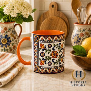 Mediterranean Floral Tile Coffee Mug | Blue Accent Ceramic Mug image 5
