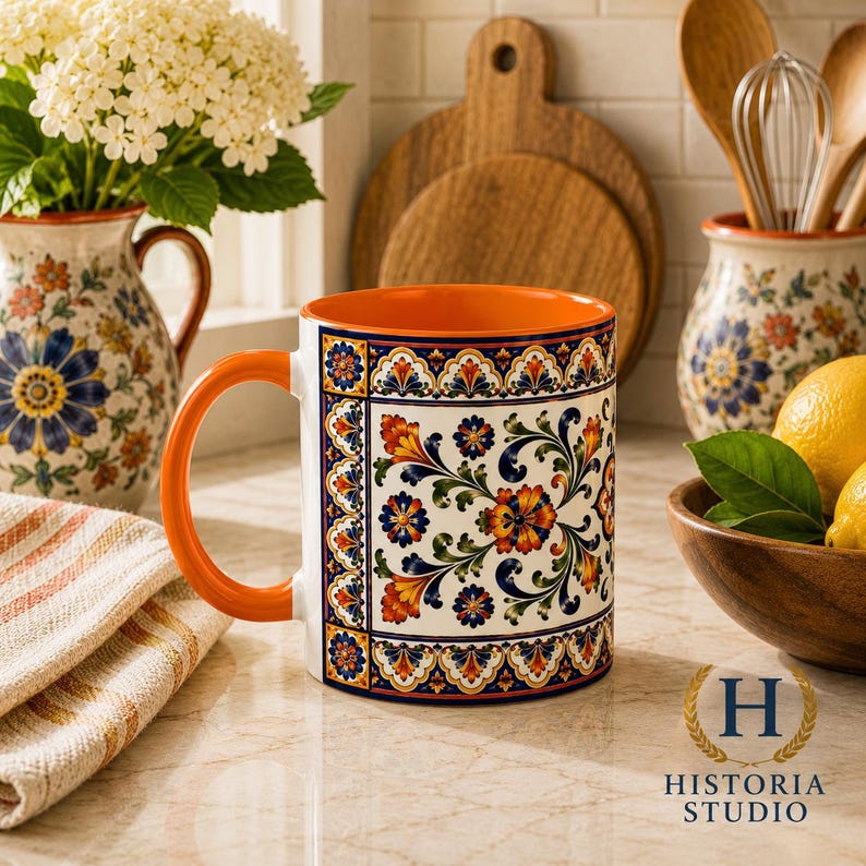 Mediterranean Floral Tile Coffee Mug | Blue Accent Ceramic Mug image 5