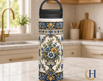 Botella de agua de acero inoxidable con diseño de azulejos florales — Jarrón vintage azul y dorado