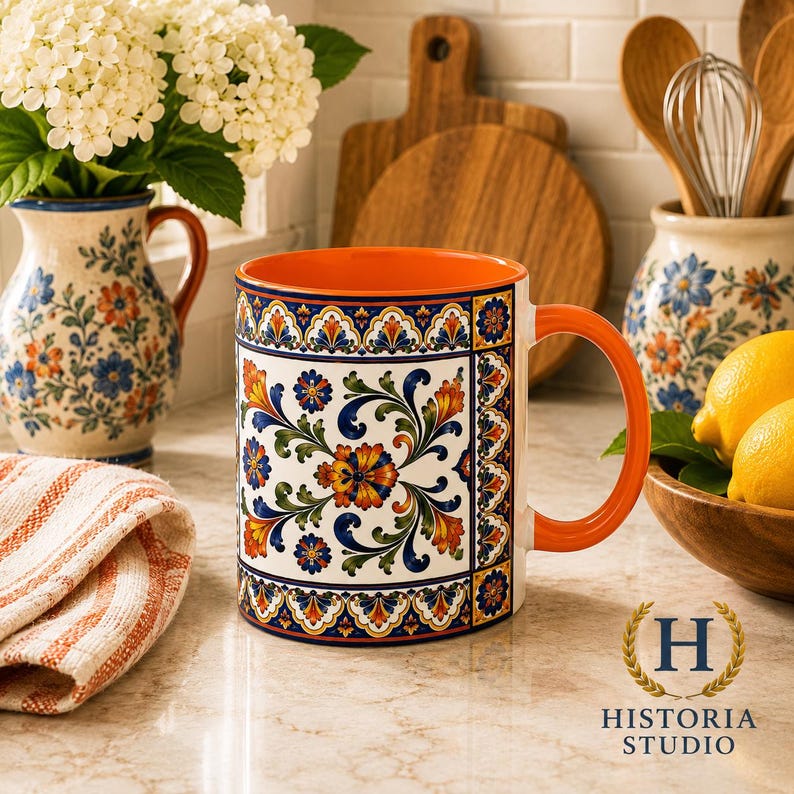 May include: A ceramic mug featuring a vibrant, multi-colored floral pattern with orange, blue, and green hues on a white background. The mug has a bright orange interior and a matching orange handle, with a decorative border design at the top and bottom.