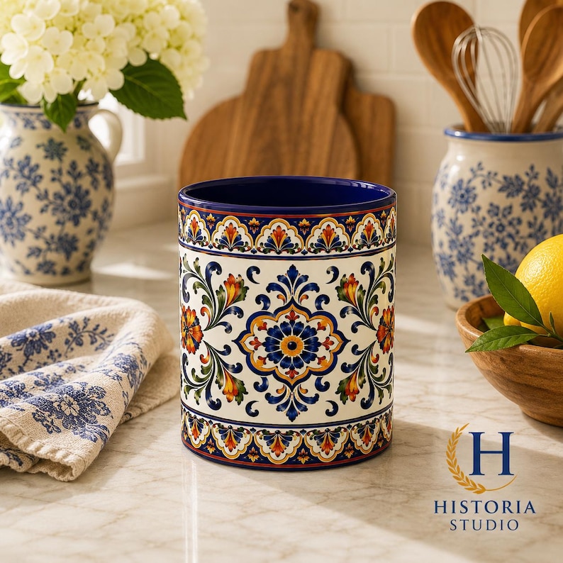 May include: A cylindrical ceramic utensil holder featuring a cream-colored base with a vibrant, symmetrical floral pattern in shades of deep blue, orange, yellow, and green. The interior is a solid dark blue, and the rim has a decorative border.