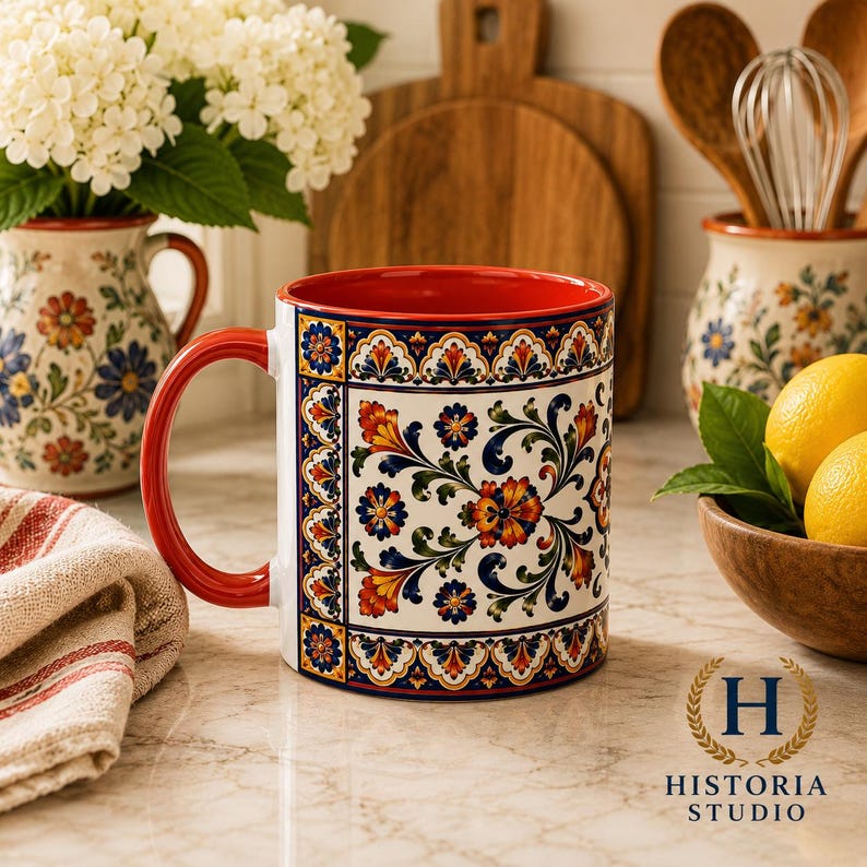 May include: A ceramic mug featuring a vibrant, multi-colored floral pattern in shades of orange, blue, and green against a white background. The mug has a solid red handle and a matching red interior, with a decorative border design.