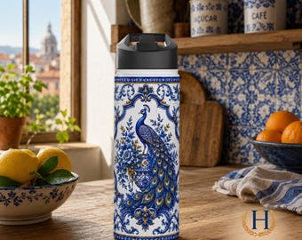 Botella de acero inoxidable con azulejos del pavo real real de Portugal