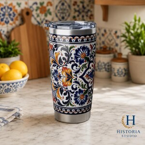 Vaso térmico de acero inoxidable con diseño de azulejos mediterráneos / 591 ml (20 oz) imagen 2