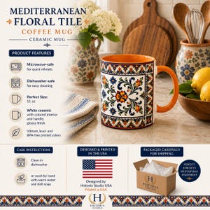 May include: A white ceramic coffee mug with a glossy finish, featuring a vibrant Mediterranean floral tile pattern in blue, orange, and green. The mug has a solid orange interior and handle. Text on the image includes Mediterranean Floral Tile.