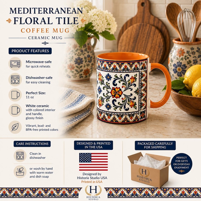 May include: A white ceramic coffee mug with a glossy finish, featuring a vibrant Mediterranean floral tile pattern in blue, orange, and green. The mug has a solid orange interior and handle. Text on the image includes Mediterranean Floral Tile.