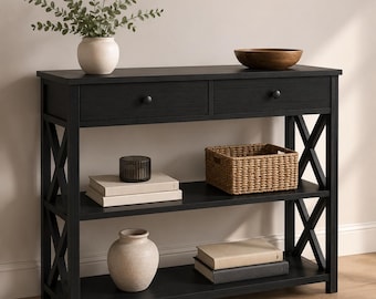 Minimalist Black Wooden Entryway Console Table With Storage Drawers For Living Room