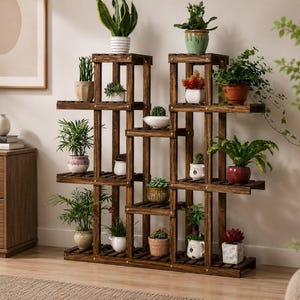 May include: A multi-tiered dark brown wooden plant stand featuring a staggered, vertical design with multiple horizontal shelves. The stand holds various potted plants of different sizes, shapes, and colors, including green foliage, succulents, and small flowering plants.