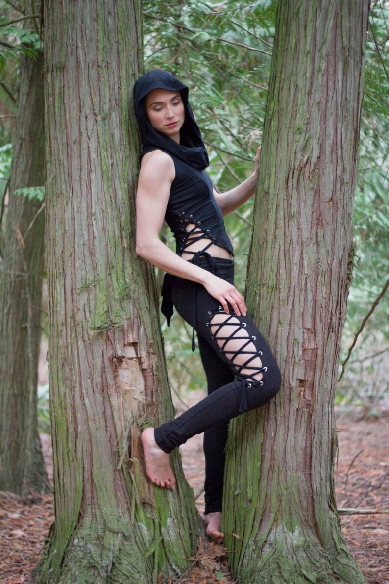 CYPRESS TOP | festival clothing women | hooded crop top | gypsy top | hood top | burning man clothing women | lace up top | rave top women | image 3