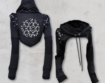 SAGE HOODIE | festival | hoodie | crop top | long sleeve | rave | bamboo | sacred geometry | flower of life | cowl hood |