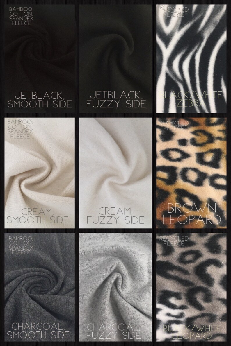 May include: A comparison of different fabric textures and colours. The fabrics include jet black, cream, charcoal, black and white zebra, brown leopard, and black and white leopard. The fabrics are shown on both the smooth and fuzzy sides.