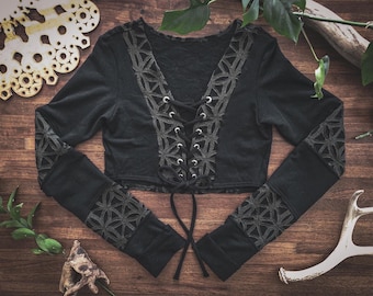 ROSEMARY TOP | festival clothing women | burning man clothing women | rave top | sacred geometry clothing | long sleeve crop top | lace up