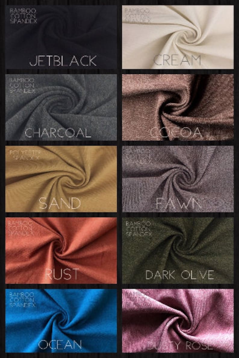 May include: A collection of fabric swatches in various colours, including jet black, charcoal, sand, rust, ocean, cream, cocoa, fawn, dark olive, and dusty rose. Each swatch is labelled with the fabric composition and colour name.