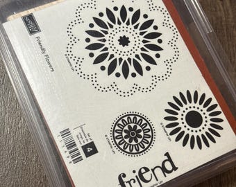 Juego de sellos de goma descatalogado de Stampin' Up! Friendly Flowers. Formas de mandala de flores amigas sin usar.