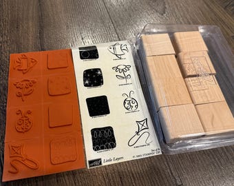 Stampin' Up! Little Layers 2003 - Juego de 8 sellos de goma retirados, sin usar, listos para montar en madera, con forma de flor, cometa, mariquita y pez