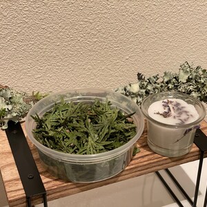 May include: A small wooden shelf with a clear plastic container filled with green leaves and a small glass candle holder. The candle is white with dried lavender and a wooden branch with lichen.