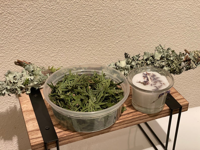 May include: A small wooden shelf with a clear plastic container filled with green leaves and a small glass candle holder. The candle is white with dried lavender and a wooden branch with lichen.