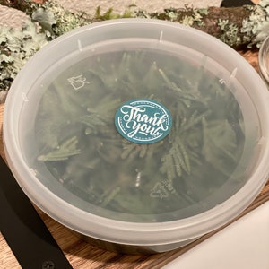 May include: A clear plastic container filled with green foliage, sealed with a clear lid. A teal and white sticker with the words "Thank You" is on the lid. The container sits on a wooden surface.
