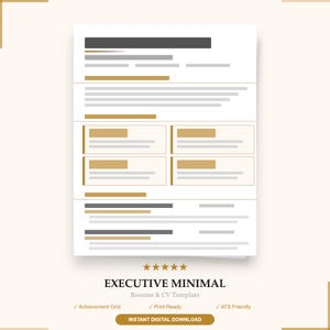 Peut inclure: Un modèle de CV numérique intitulé Executive Minimal présentant une mise en page structurée avec des barres d'accent gris foncé et dorées, des blocs de texte et une grille de réalisations. Le document inclut cinq étoiles dorées et le texte Instant Digital Download.