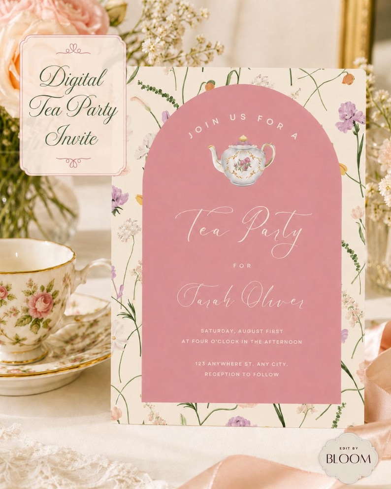 Editable Floral Tea Party Invitation, Pink Garden Birthday Evite (A6 ...
