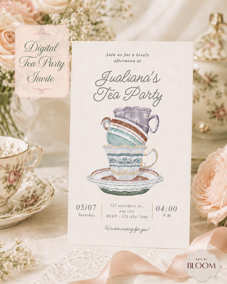 Editable Teacup Tea Party Invitation, Vintage High Tea Birthday Evite ...