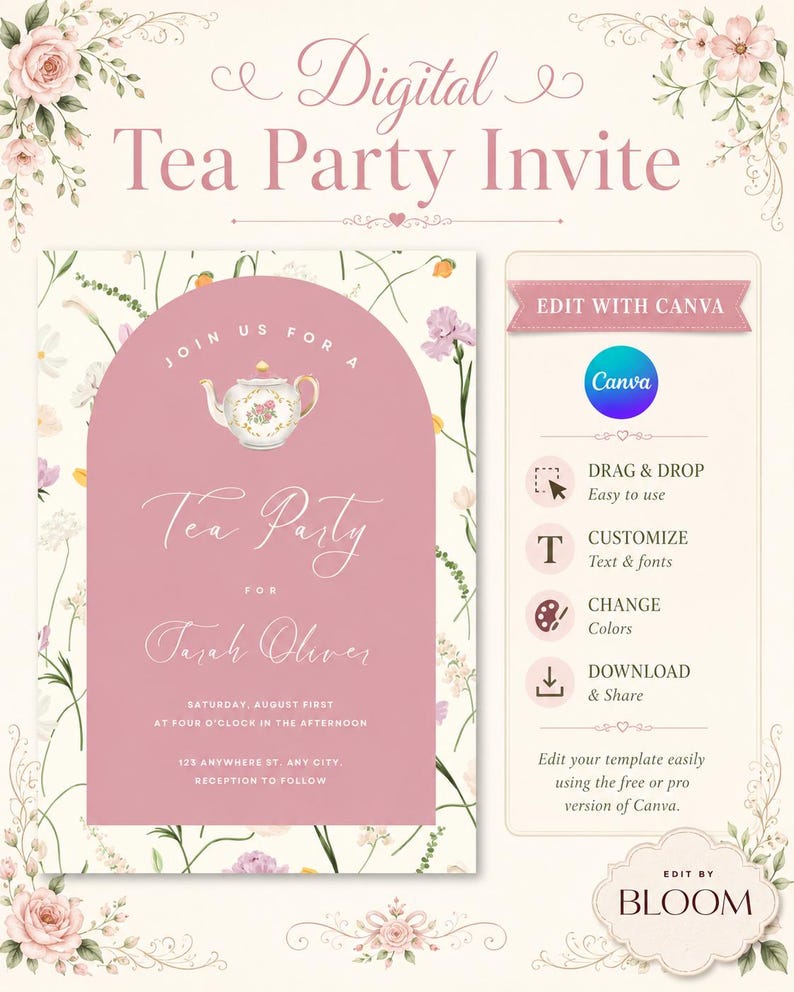 Editable Floral Tea Party Invitation, Pink Garden Birthday Evite (A6 ...
