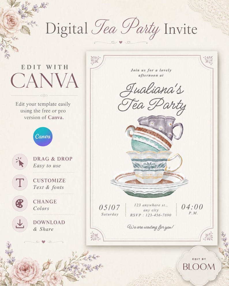 Editable Teacup Tea Party Invitation, Vintage High Tea Birthday Evite ...