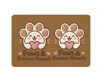 May include: A rectangular brown doormat featuring two identical illustrations of a white cartoon animal paw holding a pink heart. Below each paw, the text Paws & Precious Moments is printed in dark brown, accented by small pink hearts.