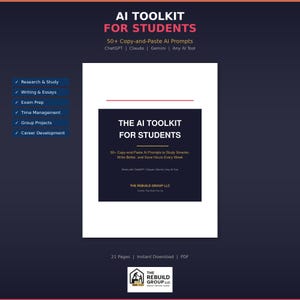 AI-verktygslåda för studenter | 50+ ChatGPT-frågor för högskolan | Studiehandledning, uppsatshjälp, examensförberedelser | Digital nedladdning i PDF-format