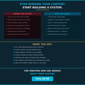 May include: A digital marketing toolkit advertisement. The image contrasts content creation struggles with solutions. It highlights features like prompts, scripts, and workflows. The text includes "STOP WINGING YOUR CONTENT. START BUILDING A SYSTEM."