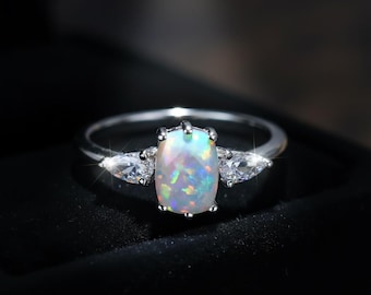 Regenboog vuuropaal ring van 925 zilver — Ontwerp met drie stenen | Iriserende kussenslijp opaal ring