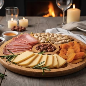 Peut inclure: Un plateau de service rond en bois avec cinq sections divisées contenant du jambon tranché, des tranches de fromage jaune, des abricots secs, des pistaches et des noisettes. Le plateau est garni de brins de romarin frais sur une table en bois.