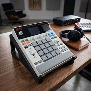 May include: An Akai Professional MPC Sample music production controller featuring a light gray chassis, a grid of sixteen gray rubber pads, a vertical fader, multiple control knobs, and a black display screen, mounted on a black angled stand.
