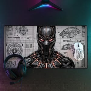 May include: A rectangular desk mat featuring a detailed illustration of a black panther character with glowing red eyes, set against a technical blueprint background with schematic drawings, accompanied by a white gaming mouse and black headphones.