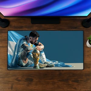 May include: A rectangular desk mat featuring a graphic illustration of a soccer player in a white and light blue jersey sitting on the ground, draped in an Argentine flag, with a gold trophy placed in front of them against a solid blue background.