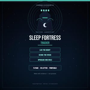 Könnte beinhalten: Ein dunkelblaues Sleep Fortress Tracker-Dokument mit türkisfarbenem Text und Grafiken. Es zeigt ein zentrales Schildsymbol mit einem Halbmond sowie Schaltflächen mit der Aufschrift Log the Night, Score the Week und Upgrade One Rule.